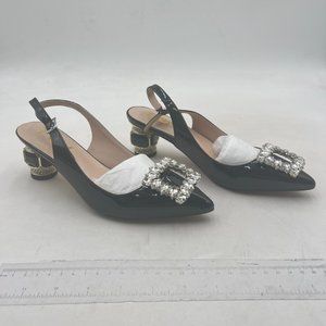 FSJ Black Crystal Square Buckle Pointed Toe Slingback Pumps Rhinestone Sandals